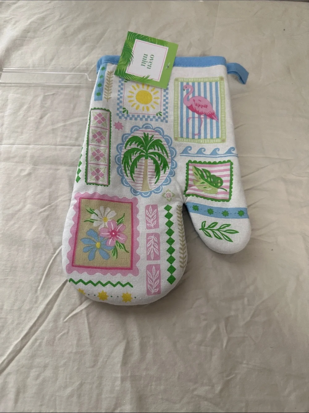 Mainstays Tropical Print Kitchen Towel and Oven Mitt Set - Pink, Green, Blue NWT